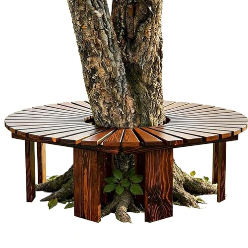 Gaommini Outdoor Benches Wrap Around Tree Seat Semi-Circular Patio Seating with Solid Wood Frame, Curved Tree Bench All-Weather Plant Stand Rack(Wood Color,Round)