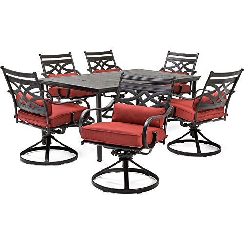 Hanover Montclair 7-Piece Outdoor Dining Set with 6 Swivel Rockers Chili Red