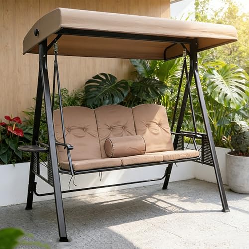 2/3-Seat Outdoor Patio Swing Chair with Adjustable Canopy, Heavy Duty Steel Frame Porch Swings, Thickened Cushions &2 Side Cup Holder, All Weather Patio Furniture(3-Seater)
