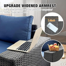 HTERWQEA 7-Piece Wicker Patio Furniture Set, Outdoor Sectional with 2 Sofas, Loveseat & Glass Coffee Table, Navy Blue Cushioned Conversation Set for Garden or Porch