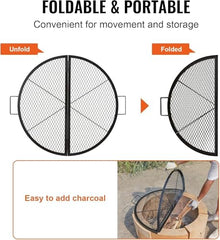 Wrobelax Foldable Round Cooking Grate for Fire Pit, Heavy Duty Steel BBQ Grill Grid with Handle and X Wire Support, Portable Camping Cookware