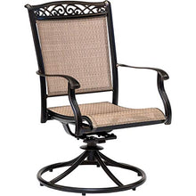 Hanover Fontana 3-Piece Bistro Set with Tan PVC Sling Swivel Rocker Chairs and 32" Round Cast-Top Table