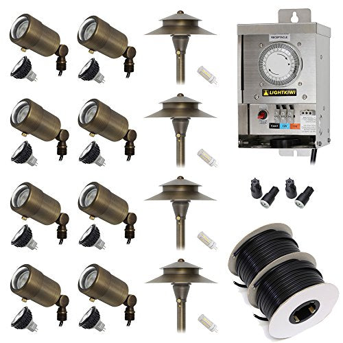 Lightkiwi A1676 Low Voltage LED Landscape Lighting Kit - (8) Macro Spotlights & (4) Path Lights Brass