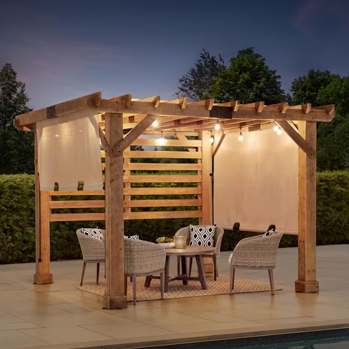 SummerCove Sunjoy Cedar Pergola 10x11 ft with Adjustable Canopy and Privacy Screen Tan
