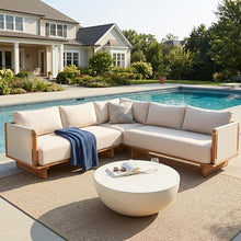 Merax 3 Piece Patio Outdoor Furniture Set, All-Weather V-Shaped Sectional Sofa with Cushions, Acacia Wood 5-Seater Couch Set for Porch, Lawn, Backyard, Balcony, Light Teak+ Beige