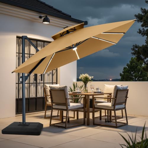 13x 10 Ft Patio Cantilever Umbrella With Led Lights with Weighted Base