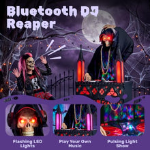 JOYIN 6ft Halloween Animatronic DJ Reaper Decorations, Outdoor Life-Size Gothic Skeleton DJ, RGB Lights & Motion Activated Head, Creepy Halloween Decor for Yard Garden Lawn