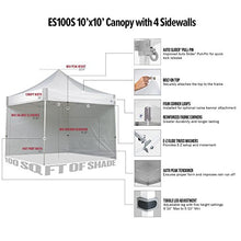 E-Z UP ES100S Instant Commercial Pop Up Canopy Tent, 10' x 10' with 3 Sidewalls, 1 Mid-Zip Sidewall and Wide-Trax Roller Bag, White