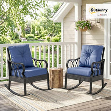 Outsunny 2 Piece Outdoor Wicker Rocking Chair Padded Cushions Aluminum Blue