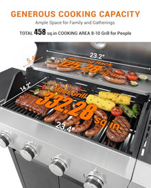 EUHOME 4-Burner Propane Gas BBQ Grill with Side Burner, 46,500 BTU Output Stainless Steel Barbecue Grill with Enameled Cast Iron Grates and Side Tables for Outdoor Cooking Kitchen and Patio Backyard