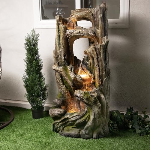 Alpine Corporation WIN1520 59" Indoor/Outdoor Floor 5-Tiered Tree Bark Water Fountain, Cascading Mossy Wood Waterfall Feature for Garden, Patio, and Yard, Brown