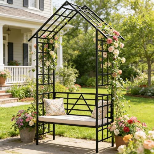 Metal Garden Arbor with Bench, Heavy Duty Garden Trellis for Climbing Plants, 58''W x 97.2''H Outdoor Archway Flower Arches Wedding Arbor for Bridal Party Garden Decor - Black