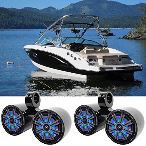 KICKER 8" 600 Watt Marine Boat Waterproof Speakers with LED's and Rockville Dual 7.7" Wakeboard Tower Speaker Enclosure Black