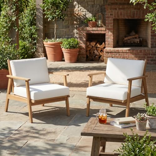Christopher Knight Home Arber Acacia Wood Lounge Chair Outdoor Set of 2 with Removable Cushion, Solid Wood Patio Accent Chair with Cushion, Patio Furniture Set Sofa Chair, Beige+Light Teak