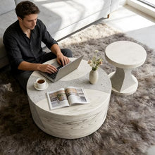 FESTIVITY Indoor & Outdoor Round MGO Coffee & Side Table Set with a Natural Stone & Wood-Look Finish for Patio, Living Room, Balcony, Deck, or Backyard (Ivory Oak Travertine)