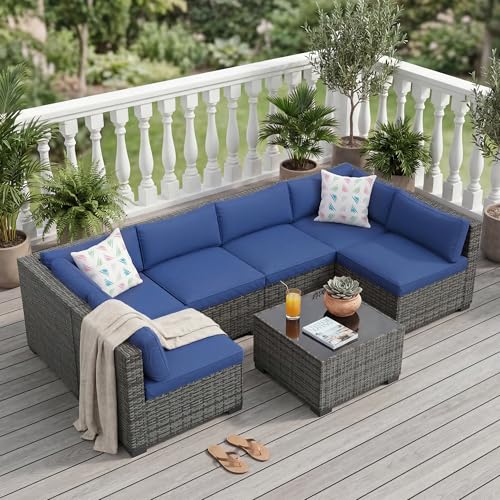 GarveeLife 7 Piece Outdoor Patio Furniture Set, Iron Frame Sectional Sofa Set with Gray Gradient Wicker and Blue Cushions, Outdoor Conversation Sofa Set for Garden and Patio