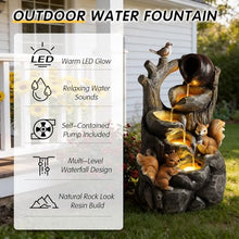 Squirrel Outdoor Water Fountain with LED Lights Waterfall Garden Decor Resin Stump for Patio Patio Porch, 30.1 Inch Tall