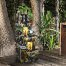 Rustic Rock Water Fountain with LED Lights and Planter Accents – Indoor/Outdoor Cascading Waterfall Feature for Home or Garden Decor(2117)