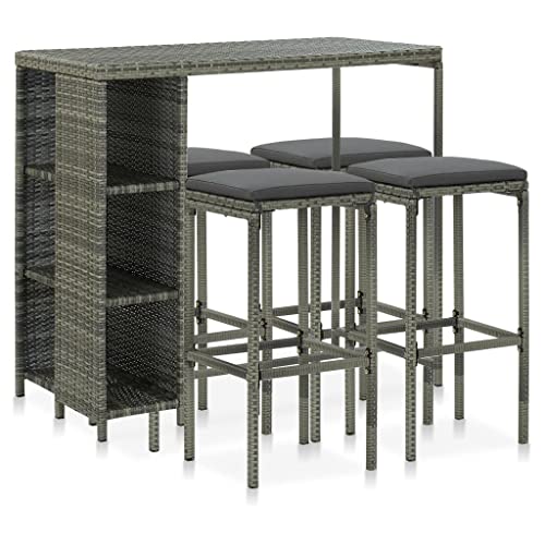 LKJVFCPW 5 Piece Patio Bar Set with Cushions, Outdoor PE Rattan Bar Table and 4 Stools, Weather-Resistant Garden Furniture Set for Backyard, Deck, Poolside
