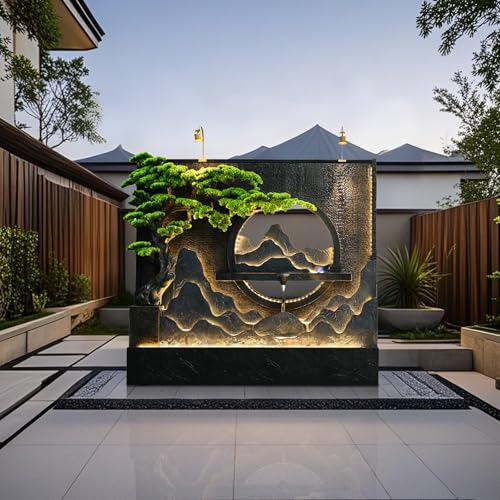 Luxury Rockery Wall Fountain – Black & Gold Mountain Scene with LED Lights, Indoor/Outdoor Cascading Fountain Water Curtain Wall Floor-Standing Decor (338 Set,Ivory)(338 Black Gold)