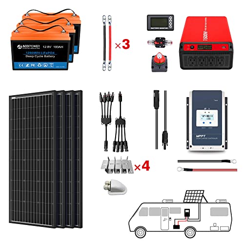 ACOPOWER 300Ah Battery 800W Solar Power System: 3PCS 100Ah Lithium Batteries+1500W Inverter+4PCS 200W Mono Solar Panels+60A MPPT Controller, for RV Boat 12V Off Grid Complete Solar Kit