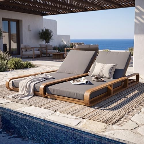 Merax Double Chaise Lounge Chair Outdoor with 4-Position Adjustable Backrest for Each Seat & 2-Fold Cushions, Acacia Wood Pool Sun Lounger for Patio Garden Beach, All-Weather, Dark Grey+Teak