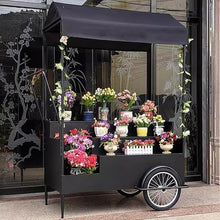 Black Iron Flower Vending Cart with Canopy, Outdoor Display Stand with Wheels,Portable Kiosk Display Trolley, Market Stall for Gardens(140cm)