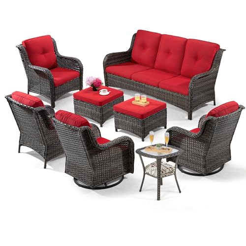 MeetLeisure 8-Piece Wicker Patio Furniture Set with Sofa, Swivel Rocking Chairs, Ottomans, and Side Table Red