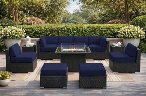 Fully Assembled Ohana 11 Piece Outdoor Aluminum Wicker Patio Furniture with 6-inch Sunbrella Navy All-Weather Rainshield Cushions, Oversized Seats and 42-inch Fire Table