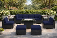 Fully Assembled Ohana 11 Piece Outdoor Aluminum Wicker Patio Furniture with 6-inch Sunbrella Navy All-Weather Rainshield Cushions, Oversized Seats and 42-inch Fire Table