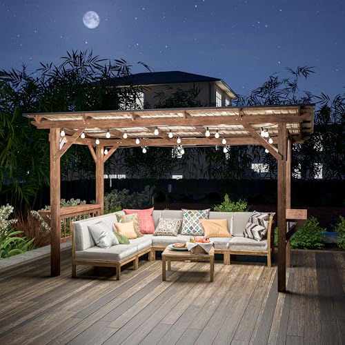 Roomfitters 13x6.5 FT Wooden Pergola Grill Gazebo, Outdoor Patio Canopy with Metal Roof and Bar Counters, Brown