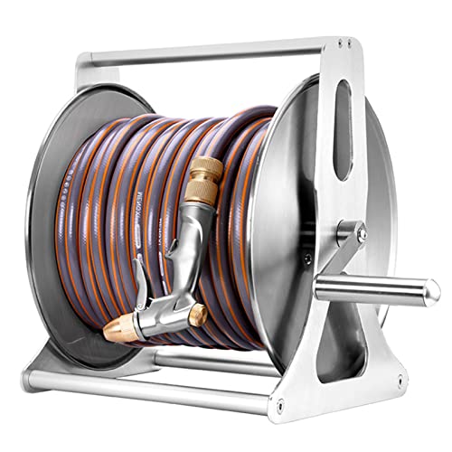 Garden Hose Reel 1/2 Inch Heavy Duty Hose, Outdoor Portable Stainless Steel Hose Storage Stand with Crank, Wall/Floor Mounted Water Pipe Car Roll Hose Holder, Patio Hoses Butler Rack Swivel Bracket