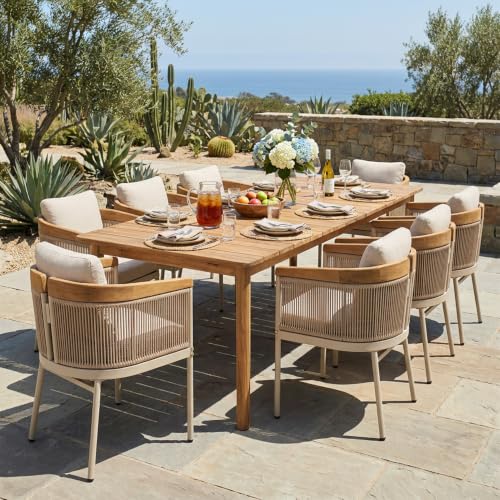 Christopher Knight Home Sirena Acacia Wood Outdoor Dining Set for 8, 9 Piece Patio Dining Table and Chair Set, Solid Wood Outdoor Dining Armchair and Table Set with Cushion, Teak+Beige