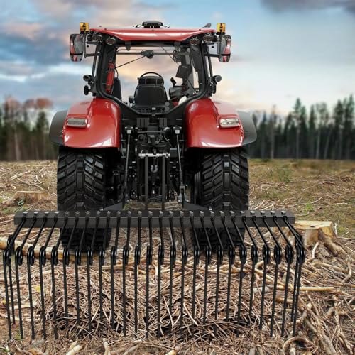 72-Inch Pine Straw Landscape Rake, Heavy Duty 3-Point Tractor Attachment with 32 Spring Steel Tines, Powder-Coated Carbon Steel, Cat 0/1 Compatible for Needles, Leaves, Straw & Grass, Black