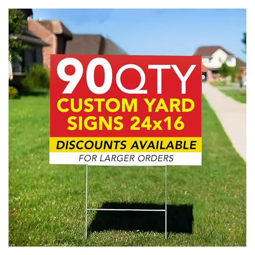 SPEEDYORDERS 90QTY Custom Yard Signs With Stakes, Double Sided, Personalized Printed, Full Color, Design Your Own, 16x24 Inches, Plastic, Floor Standing, Landscape, Lawn, Customizable and Colorful