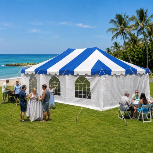 Party Tents Direct 20' x 30' Weekender Pole Canopy, Blue Top with Sidewalls
