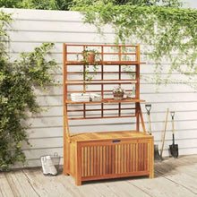 Fisinber Brown Acacia Wood Outdoor Storage Box 39"x19.7"x63" with Trellis, Patio Bench for Tools/Cushions