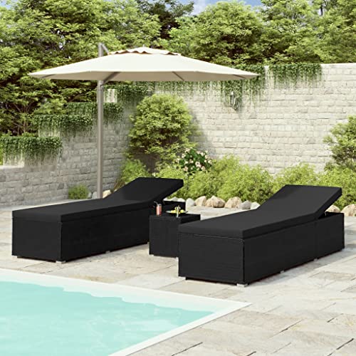 WANGKENSU 3 Piece Patio Sun Loungers with Tea Table,Outdoor Lounge Chaise, Lounger for Pool, Beach Sun Tanning Chair,Outdoor Bed,Deck Chair, Poly Rattan Brown (Black+blackmaterial 76.8" x 23.6"