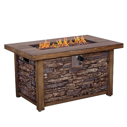 Best Choice Product 50,000 BTU Rectangle Fire Pit Table, Faux Woodgrain Top and Faux Stone Texture Base Propane Gas Fire Table for Outdoor