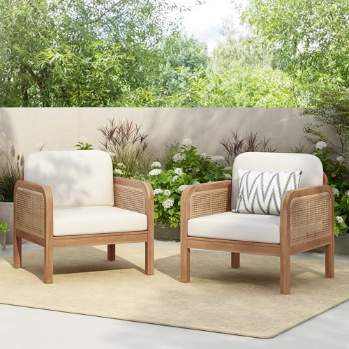 Christopher Knight Home Elk Set of 2 Patio Acacia Wood Club Chair with Cushions, Comfy Lounge Chair Outdoor, Stylish Garden Seating, Wicker Armchair for Porch, Backyard, Balcony, Light Brown & Beige