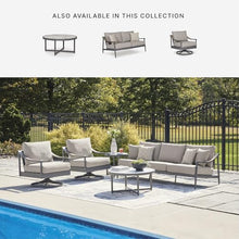 Signature Design by Ashley North Island Modern Nuvella Weather Resistant Outdoor Sofa with Cushion, Sloped Arms and 4 Accent Pillows, Gray