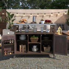 SDVantage Stainless Steel Outdoor Kitchen Island Bar Cart with Solid Wood Storage Cabinet Spice Rack Towel Rack Lockable Wheels for BBQ Patio Use,Dark Brown