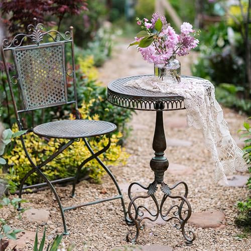 Retro Wrought Iron Side Table Set, Bistro Coffee Table, Antique Coffee Table w/Stool, Round Metal Plant Stand, for Indoor & Outdoor Patio Garden Backyard Lawn Poolside