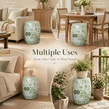 18.5" Ceramic Garden Stool, Green & White Chinoiserie Flower Bird Motif Drum Stool, Indoor Outdoor Patio Accent Side Table, Plant Stand and Decorative Stool for Living Room, Garden, Balcony green