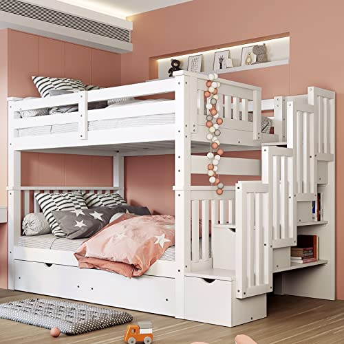 Harper & Bright Designs Full Over Full Bunk Bed with Storage Drawers and Stairway Shelves White