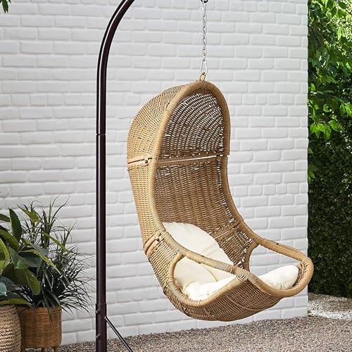 Christopher Knight Home Mariaz Hanging Basket Chair with Cushion, Outdoor Indoor Basket Chair, Boho Garden Rattan Lounger Porch Swing Furniture, Modern Patio Decor, Brown+Beige