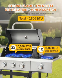 EUHOME 3 Burner Propane Gas Grill with Side Burner, 40,500 BTU BBQ Grill