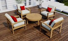 TeakStation 5 Pc Teak Wood Lounge Chair Set: 4 Lounge Chairs & Round Coffee Table with Cushions in Outdoor Sunbrella Fabric #5404 Canvas Natural