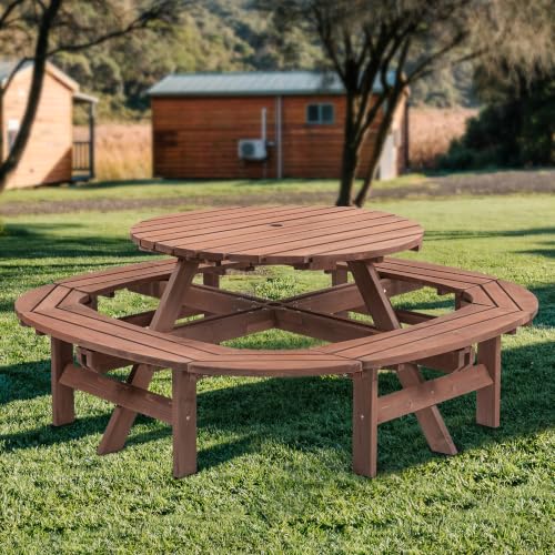 12-Person Round Wooden Picnic Table with Ring Seating & Umbrella Hole