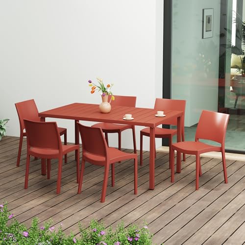 Costaelm Outdoor Dining Chairs Set of 6, 7 piece Patio Furniture Set, Patio Breakfast Coffee Table and Stackable Chairs for Backyard Deck Restaurant, Red